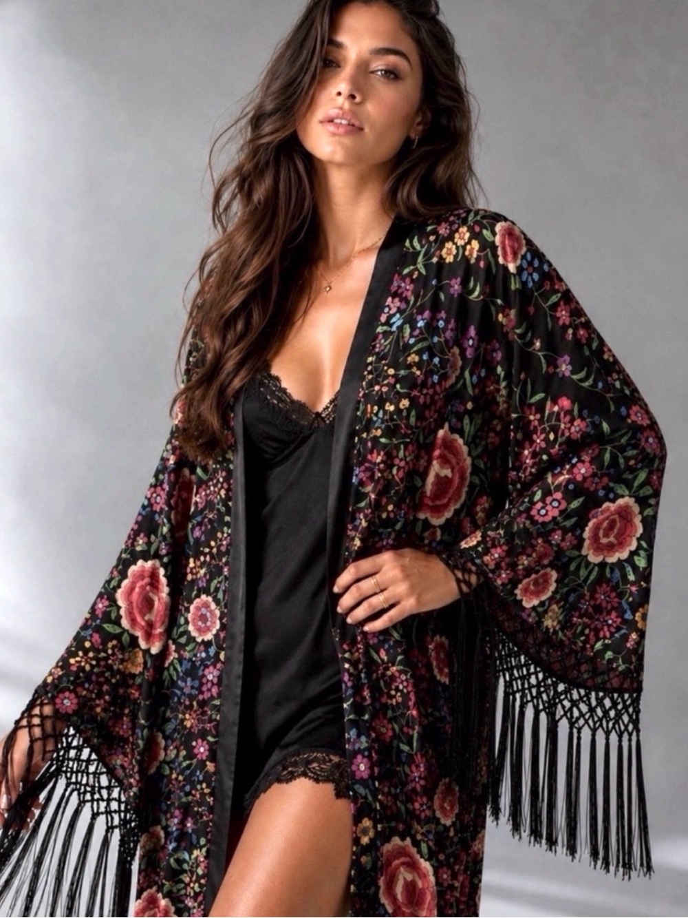 JOHNNY WAS Silk Floral Fringe Kimono Size M/L